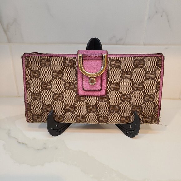 Gucci Handbags - Vintage Gucci Abbey GG Horsebit Monogram Long Wallet Fuchsia Leather Trim Fair